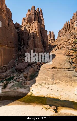 Felsformationen am Guelta d'Archei Wasserloch, Ennedi Plateau, Tschad Stockfoto