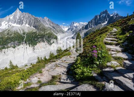 Wanderweg Grand Balcon Nord, Gletscherzunge Mer de Glace, zurück Grandes Jorasses, Mont Blanc Massiv, Chamonix, Frankreich Stockfoto