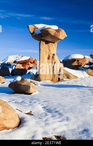 Bisti Badlands, Monolith und Felssäule aus Ton und Sandstein, im Winter, Bisti Wilderness, New Mexico, USA Stockfoto