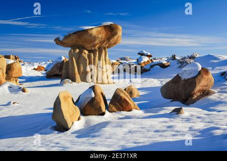 Bisti Badlands, Monolith und Felssäule aus Ton und Sandstein, im Winter, Bisti Wilderness, New Mexico, USA Stockfoto