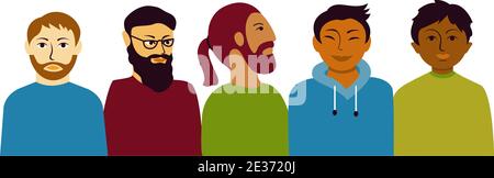 Multi ethnische Gruppe Männer. Männlich verschiedene Charaktere afrikanischen und asiatischen Auftritt Zweisamkeit freundlich. Stock Vektor