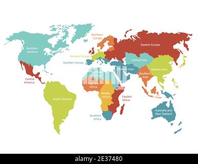 Weltkarte mit hervorgehobenen Gebieten. Farbige Kontinente mit globalen geografischen Unterteilungen. Stock Vektor