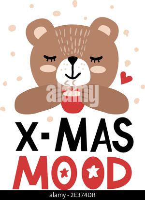 Vektor-Illustration eines glücklichen Bären mit einer Tasse Tee und Inschrift - Weihnachten Stimmung. Kann als Grußkarte, Poster oder Einladung für Party, bir verwendet werden Stock Vektor