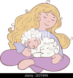 Vektor-Illustration eines Mädchens, das ein Lamm hält. Lange Haare Dame mit Tier. Stock Vektor