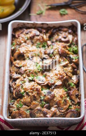 Gołąbki - Polnische Fleischbällchen mit Kohl, Reis, gebacken in reicher Pilz- und Senfsoße. Stockfoto