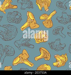 Vektor nahtlose Muster mit Pilzen auf blauem Hintergrund. Leuchtend gelbe Cantharellus Pilze und Silhouetten Muster. Stock Vektor