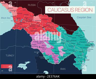 Kaukasus Region Detaillierte editierbare Karte mit Regionen Städte und Gemeinden, Straßen und Eisenbahnen. Vector EPS-10-Datei Stock Vektor