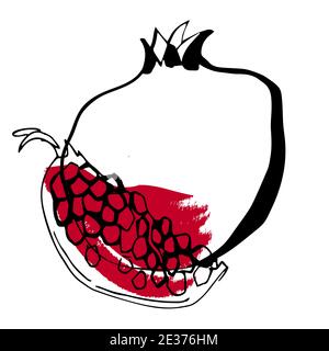 Granatapfel Obst Illustration in Linie Art schwarz und rot Farbe Isoliert auf Weiß Stock Vektor