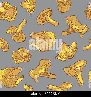 Vektor nahtlose Muster mit Pilzen auf einem ultimativen grauen Hintergrund. Leuchtend gelbe Cantharellus Pilze Muster. Stock Vektor