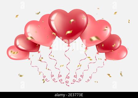 Ein Bündel von roten und rosa herzförmigen Ballons. Fliegen in verschiedene Richtungen, mit goldenem Cotfetti und Serpentin. Für Valentinstag, Grußkarten, Stock Vektor