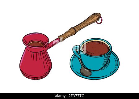 Kaffeetasse mit Cappuccino und türkischer Kanne. Gravierte Skizze Set aus Kaffeebecher und -Topf. Vektorgrafik Stock Vektor