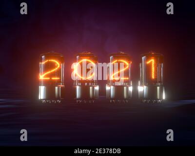 3D-Rendering von Kaltkathodenröhren zeigt 2021 Neujahr Datum auf dunklem Hintergrund Stockfoto