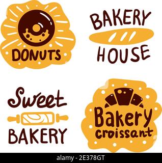 Brot und Backwaren Logos und Icons mit Schriftzug. Bagel und Croissant und Baguette Silhouetten mit Schildern für Konditorei. Teigfutter Stock Vektor
