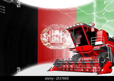 Digitale industrielle 3D-Illustration von Red Advanced Farm Mähdrescher Auf Afghanistan Flagge - Landwirtschaftstechnik Innovationskonzept Stockfoto