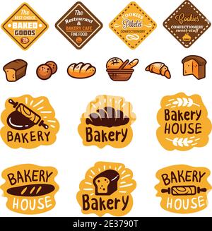 Brot und Backwaren Logos und Icons mit Schriftzug. Bagel und Croissant und Baguette Silhouetten mit Schildern für Konditorei. Teigfutter Stock Vektor