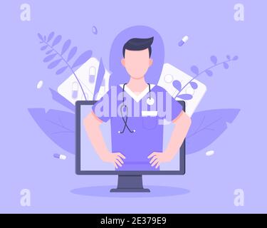 Online Arzt medizinische Service-Konzept mit Arzt in der Monitor-Bildschirm Vektor-Illustration. Telemedizinische Webberatung für Patienten Gesundheitswesen ch Stock Vektor