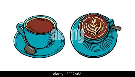 Kaffeetassen mit Cappuccino. Eingravierte farbige Skizze von Kaffeebechern. Vektorgrafik Stock Vektor
