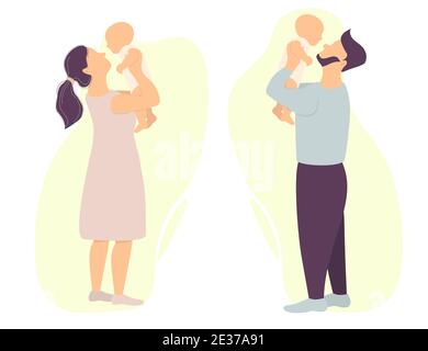 Vektor-Set von glücklichen Eltern. Ein Mann und eine Frau halten ein neugeborenes Baby. Vektor. Flache Illustration für Design, Dekoration, Druck und Postkarten Stock Vektor