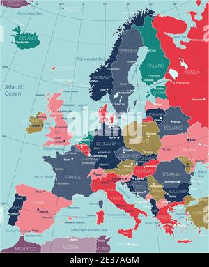 Europa Detaillierte editierbare Karte mit Regionen Städte und Gemeinden, Straßen und Eisenbahnen. Vector EPS-10-Datei Stock Vektor