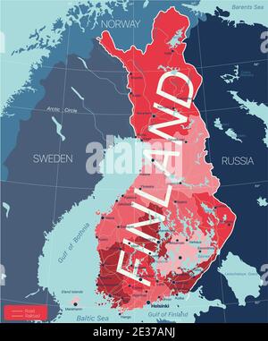 Finnland Land detaillierte editierbare Karte mit Regionen Städte und Städte, Straßen und Eisenbahnen, geografische Standorte. Vector EPS-10-Datei Stock Vektor