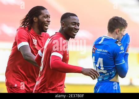 Der Antwerpener Martin Hongla feiert nach einem Treffer bei einem Fußballspiel zwischen KAA Gent und Royal Antwerp FC RAFC, Sonntag, 17. Januar 2021 in Gent, ON Stockfoto