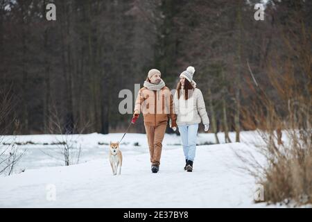 In voller Länge Porträt von glücklichen erwachsenen Paar zusammen entlang See im Winter zu Fuß, während genießen Sie die Natur mit Haustier Hund, kopieren Raum Stockfoto