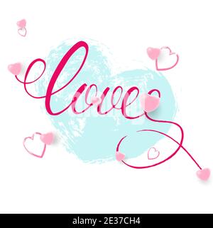 Liebe rosa Hand gezeichnet Pinsel Kalligraphie. Dekoriert mit Herzen.Vektor-Illustration Stock Vektor