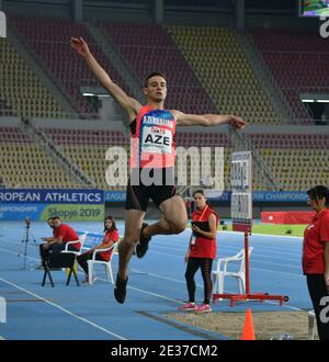 Skopje, Mazedonien - 10.-11. August 2019 Leichtathletik-Europameisterschaften - Dritte Liga. (Männer-Weitsprung, Dreisprung) Stockfoto