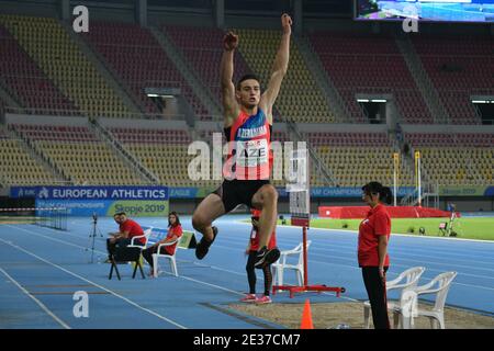 Skopje, Mazedonien - 10.-11. August 2019 Leichtathletik-Europameisterschaften - Dritte Liga. (Männer-Weitsprung, Dreisprung) Stockfoto