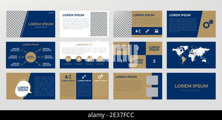 Blaue Präsentationsvorlagen und Infografiken Elemente Hintergrund. Verwendung für Geschäftsberichte, Flyer, Unternehmensmarketing, Broschüre, Werbung Stock Vektor