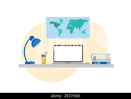 Arbeitsplatz mit Laptop mit leerem Bildschirm für Mockup Stock Vektor
