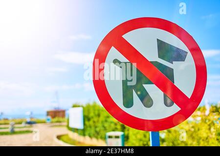 Symbol, nicht zu Fuß Hunde Zeichen in öffentlichen Park. Jagdhunde sind nicht erlaubt. Das Verbot des Laufens von Welpen. Regeln an einem öffentlichen Strand. Meer oder Meer, Sommerlandschaft im Hintergrund. Stockfoto