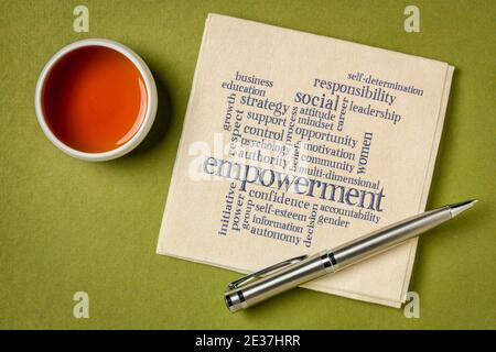 Empowerment Word Cloud - Handschrift auf einer Serviette mit einer Tasse Tee, Führung, Coaching Geschäft oder persönliche Entwicklung Stockfoto