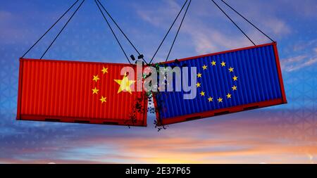 Handelskrieg. Zwei Frachtcontainer mit der Flagge der Europäischen Union und Chinas, die miteinander zusammenstoßen. 3D-Rendering . Stockfoto