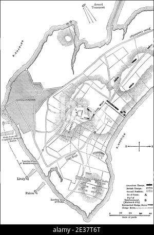 Plan der Schlacht von Bunker Hill, 17. Juni 1775, Belagerung von Boston, amerikanischer Revolutionskrieg Stockfoto
