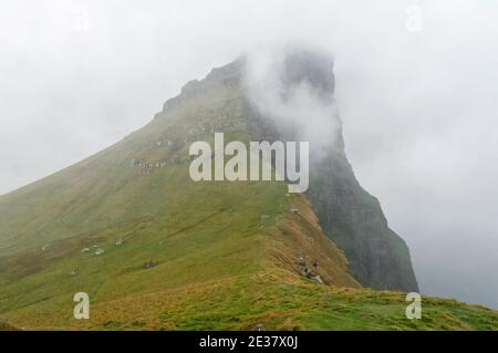 Neblige Klippen rund um den Kallur Leuchtturm auf der Insel Kalsoy. Stockfoto