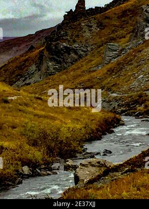 Denali, Alaska, USA: 5. September 2016: Panorama des Savage River Canyon. Stockfoto