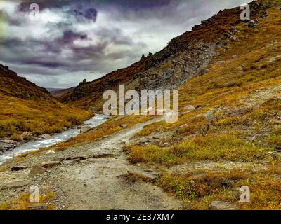 Denali, Alaska, USA: 5. September 2016: Panorama des Savage River Canyon. Stockfoto