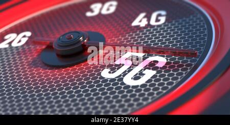 5G-Netz-Funktechnologie. High-Speed-Internetverbindung. Erreichen 5g, Auto Tachometer, Internet-Geschwindigkeitstest, Nahaufnahme. 3d-Illustration Stockfoto