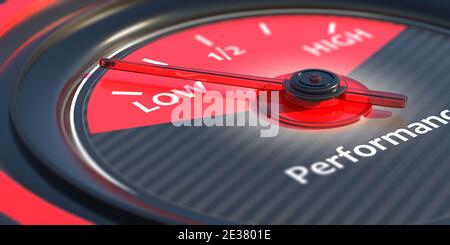 Konzept mit geringer Leistung. Text und Anzeige, Auto Armaturenbrett Tachometer Nahaufnahme. 3d-Illustration Stockfoto