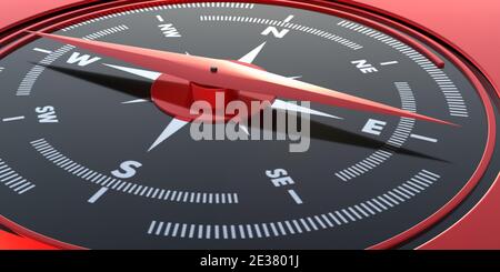 Ausrichtung der Kompassrichtung. Magnetische Instrumentenführung für Navigation und Erkundung Nahaufnahme. Instrumentenanzeige im Auto. 3d-Illustration Stockfoto