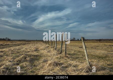 Trockene Wiese und Zaun mit Stacheldraht, fantastische Wolken am Himmel, die letzten Tage des Winters Stockfoto