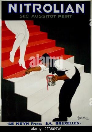 Vintage-Poster-Design - Leonetto Cappiello für die schnell trocknende Farbe Nitrolian. Eine Frau versenkt die Treppe, wie sie unter ihr gemalt wird. Stockfoto