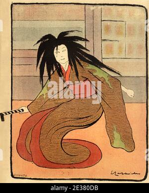 Vintage Poster von Sada Yakko, der japanischen Geisha von Leonetto Cappiello. Sada Yakko tanzt/spielt hier mit langen schwarzen Haaren und wirbelnden Kleidern. Stockfoto