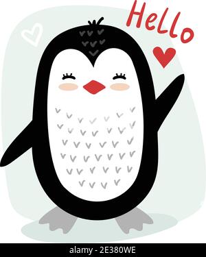 Kleiner Pinguin und Text Hallo. Cute Vektor-Illustration im skandinavischen Stil, Doodle Baumschule Kunst. Stock Vektor