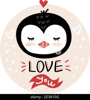 Vektor, Clip Art, handgezeichnete Valentinstag Illustration. Lustige Märchen, Waldtier, Pinguin Gesicht. Aufkleber, Druck für Karten, Plakate T-Shirts o Stock Vektor