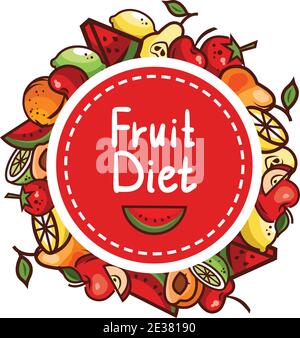 Logo, Symbol, Poster gesunde Lebensmittel Broschüre. Obst Ernährung Vektor-Emblem. Das Dekor der Silhouetten von Früchten. Stempelstil. Stock Vektor