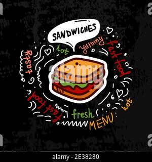 Leckeres Sandwich, Fast-Food-Poster. Vektor Farbe flache Illustration für Poster, Label und Menü Cafe Fast Food. Auf der schwarzen Kreidetafel mit Vintage-Weiß Stock Vektor