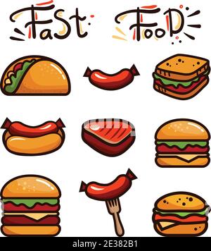 Set mit verschiedenen Fast Food. Sandwich, Hot Dog, Hamburger, Taco, Wurst. Handgezeichnete Vektorgrafik Stock Vektor