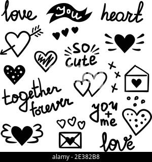 Vektor Doodle romantische nahtlose Muster. Schwarz-weiße Tinte Herzen, Liebe Text. Design für Mode Textildruck, Verpackung und Valentinstag backgrou Stock Vektor